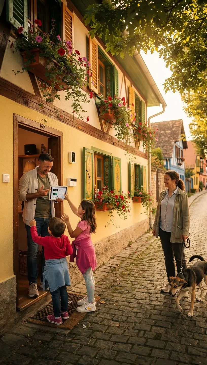 Panoramă cu cartier rezidențial modern echipat cu soluții tehnologice inteligente pentru locuitori.