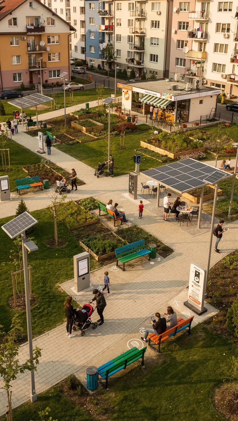 Reprezentare grafică a unui dispozitiv smart home integrat în locuințe dintr-un cartier urban.